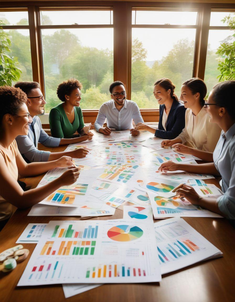 A bright and optimistic financial planning scene featuring a diverse group of individuals joyfully discussing financial strategies around a large table filled with colorful charts and graphs, surrounded by greenery and sunlight streaming in through large windows. Coins and dollar bills playfully float in the air, symbolizing prosperity and positivity. The atmosphere should be cheerful and inviting, capturing the essence of collaboration and success. vibrant colors. super-realistic. bright background.
