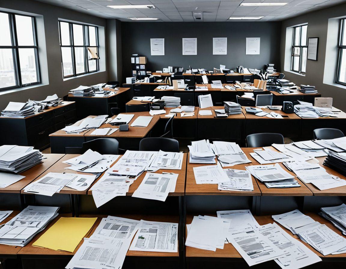 A serene office environment illustrating a clear transition from chaos to calm; on one side, cluttered paperwork, stressed individuals, dark colors; the other side, organized finance documents, smiling professionals, bright colors, and a sense of relief. Super-realistic. Vibrant colors. 3D.