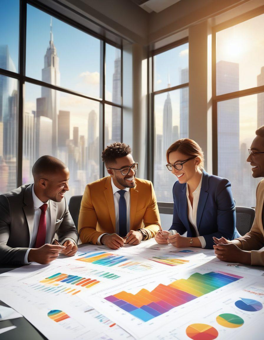 A bright and uplifting office scene, showcasing a diverse group of professionals collaborating over financial charts and graphs, their expressions joyful and engaged. In the background, a large window reveals a sunny cityscape, symbolizing growth and prosperity. Include elements like light bulbs representing ideas and gears symbolizing financial flow and efficiency. The color palette should be vibrant with warm tones, invoking a sense of satisfaction and positivity. super-realistic. vibrant colors. 3D.